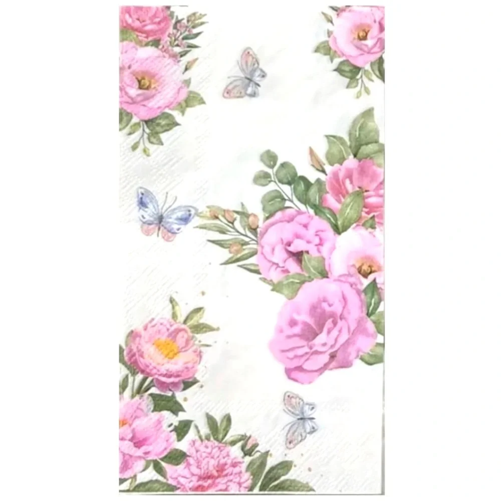 Two (2) Pink Flower & Butterflies Shower Decoupage Guest Towel Napkins